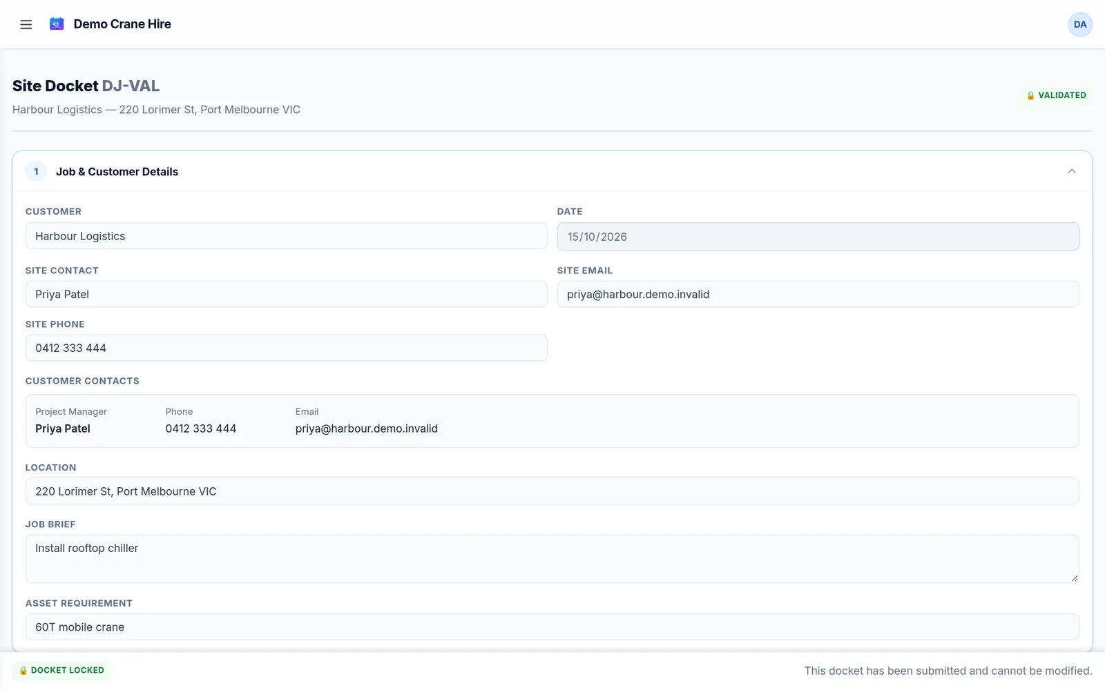 A validated site docket