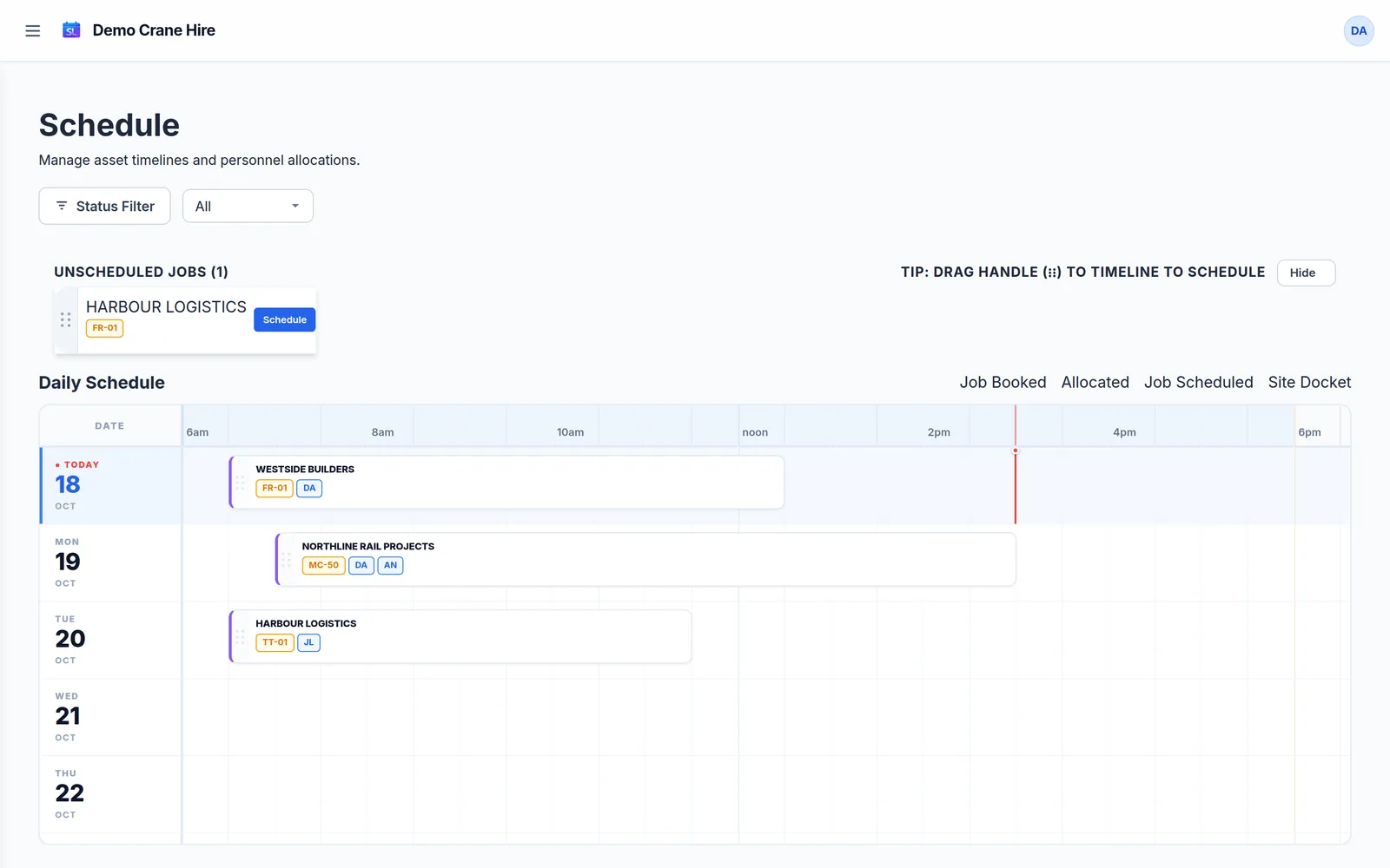 The schedule: a tray of unscheduled jobs above a daily timeline with jobs placed on it